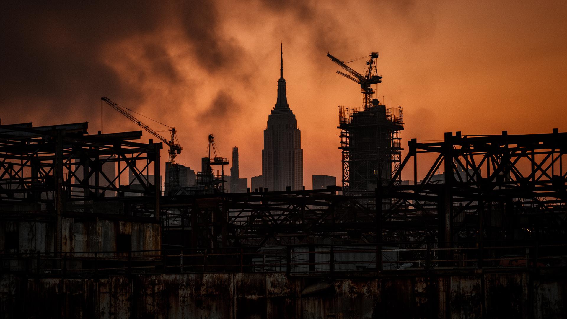 New York City skyline at dusk with construction cranes